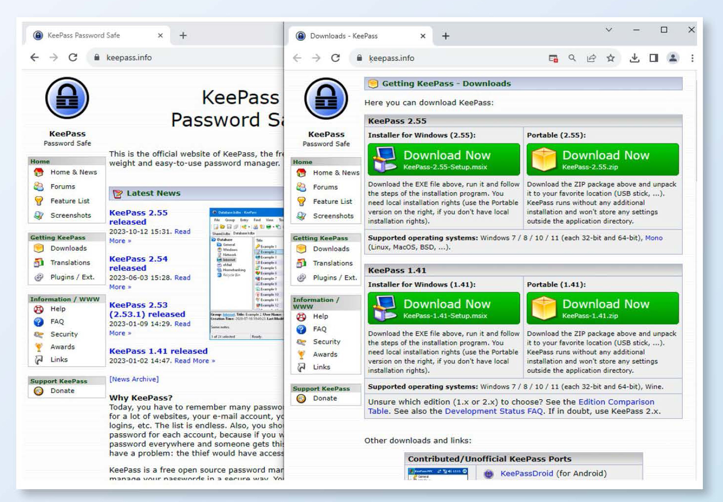 Side by side screenshots show a fake KeePass website that a malicious ad takes visitors to, and the real KeePass website