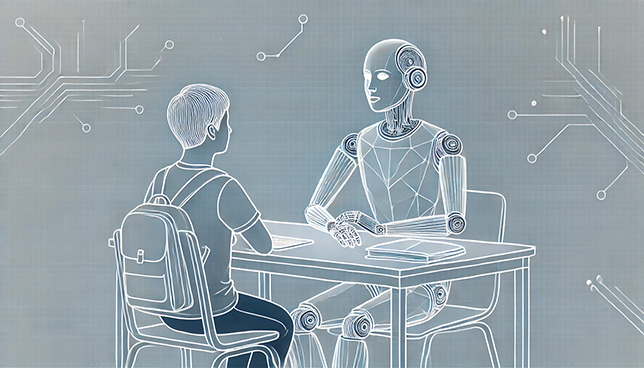 minimalist depiction of an AI student advisor interacting with a student